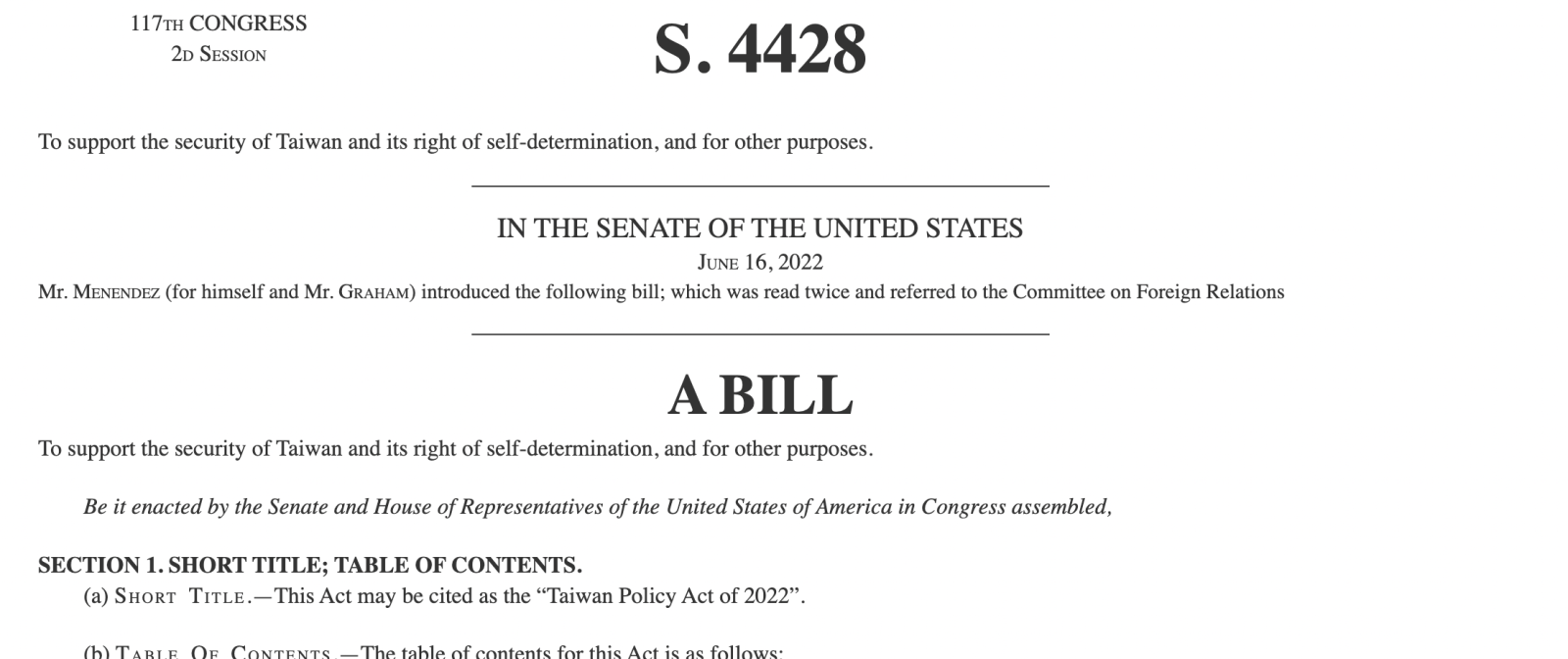 美國參議院預定9月14日審2022台灣政策法。 翻攝congress.gov網頁