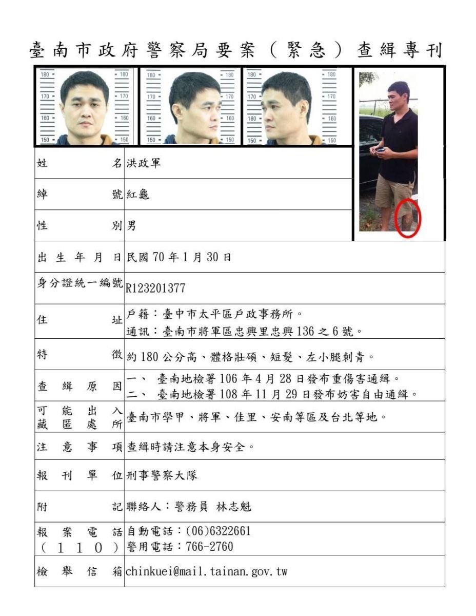 台南市警方發布重傷害通緝犯、綽號「紅龜」洪政軍的查緝專刊。讀者提供