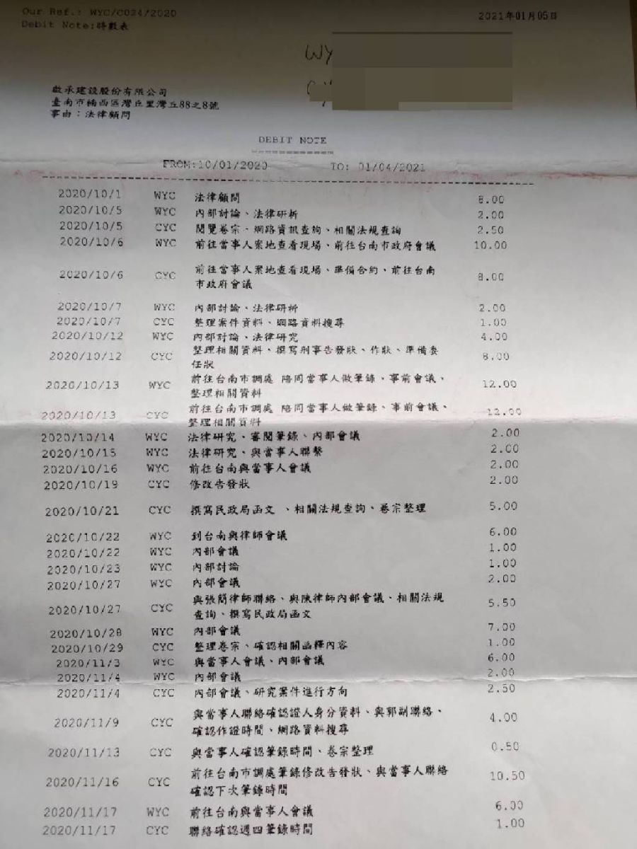 陳文禹的法律顧問時數工作紀錄表。讀者提供