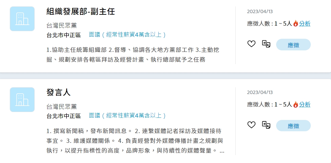 台灣民眾黨在1111人力銀行開出16項職缺。翻攝自1111人力銀行