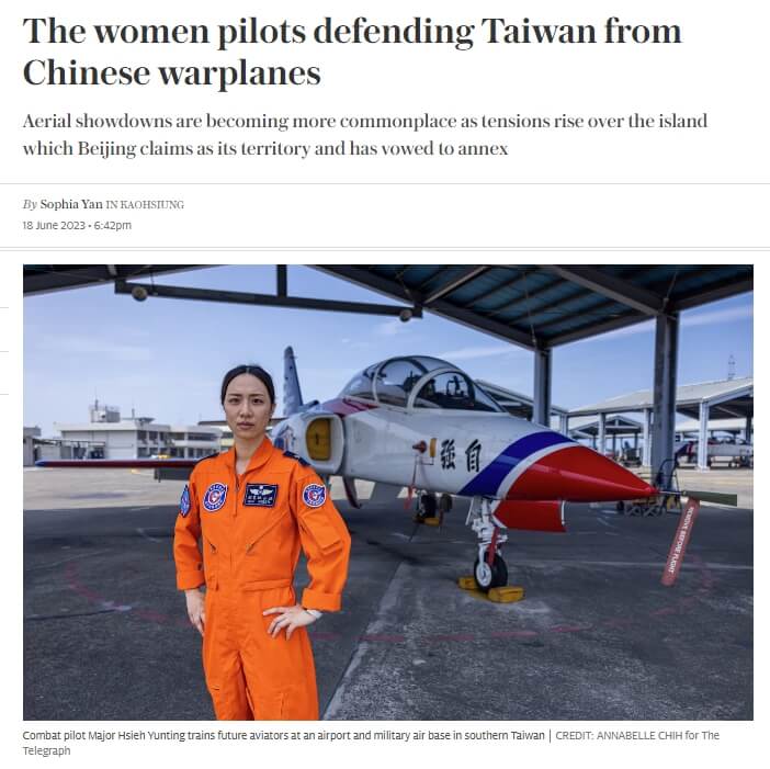 英國「每日電訊報」今刊登台灣戰鬥機飛行員謝蕓梃少校（圖）及郭文靜上尉的專訪，凸顯女性飛官的意志力。翻攝每日電訊報網頁