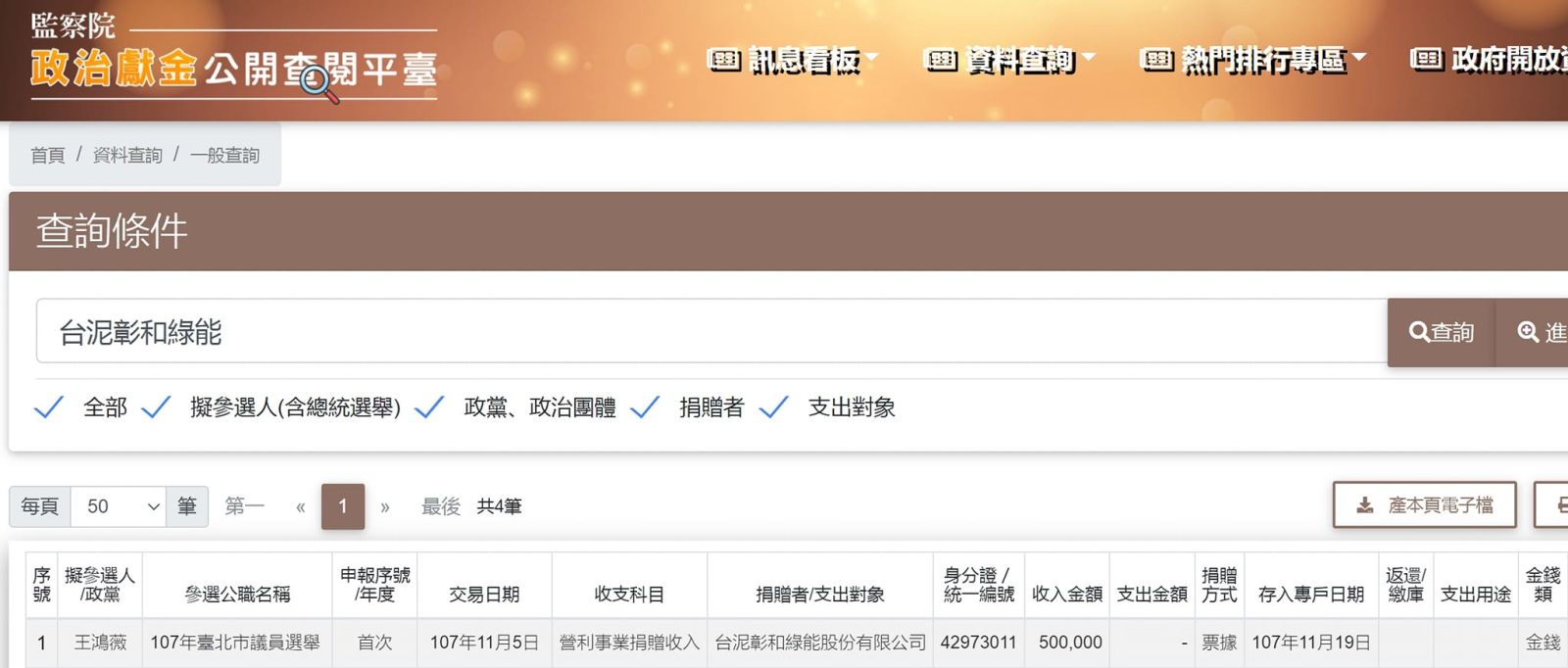 王鴻薇接受「台泥彰和綠能」公司捐贈政治獻金50萬元。翻攝謝佩芬臉書