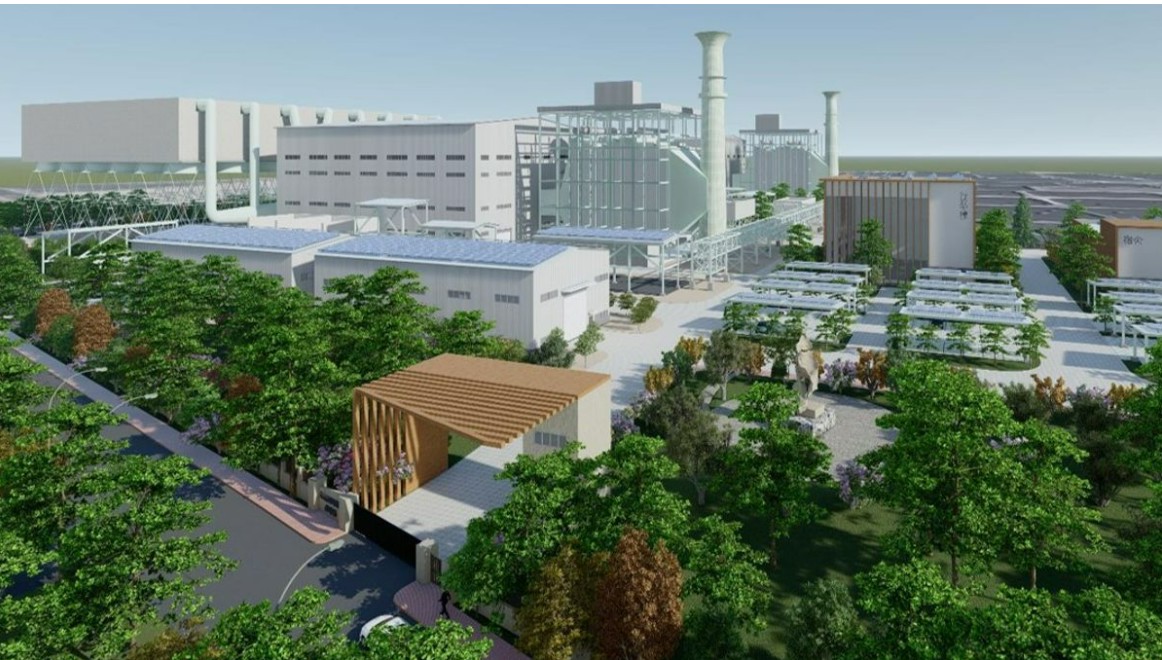 九崴南科天然氣發電廠初期電腦模擬圖,有15公頃作為生態公園。九崴電力提供