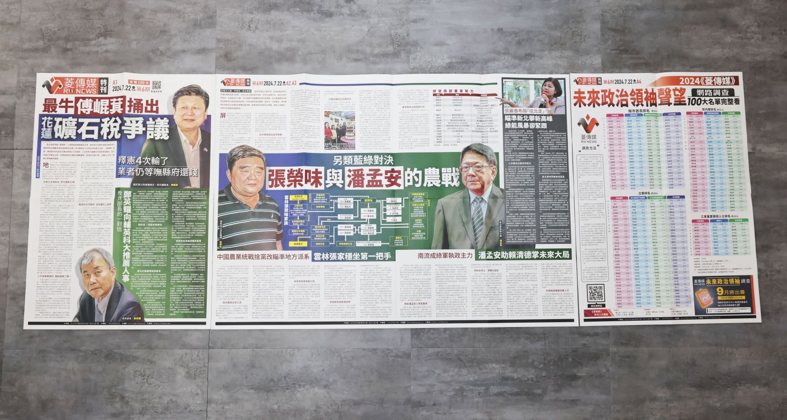 《菱傳媒》紙本特刊第六期揭最牛傳崐萁捅出花蓮礦石稅爭議，張榮味與潘孟安的農戰。林啟弘攝