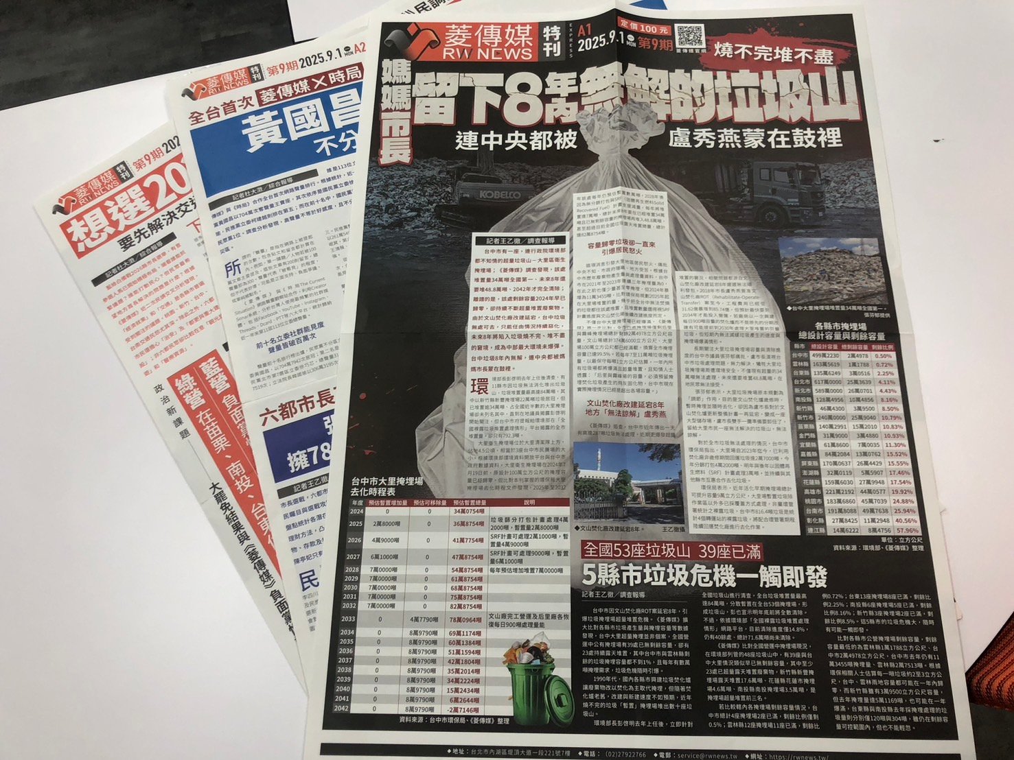 《菱傳媒》第九期紙本特刊獨家揭露台中市大里區衛生掩埋場已經塞滿34萬噸垃圾全國第一。張麗娜攝