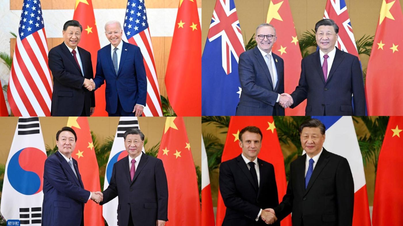 G20峰會期間，習近平陸續與美法韓澳領袖會面。 合成照片取自新華網、@AlboMP推特
