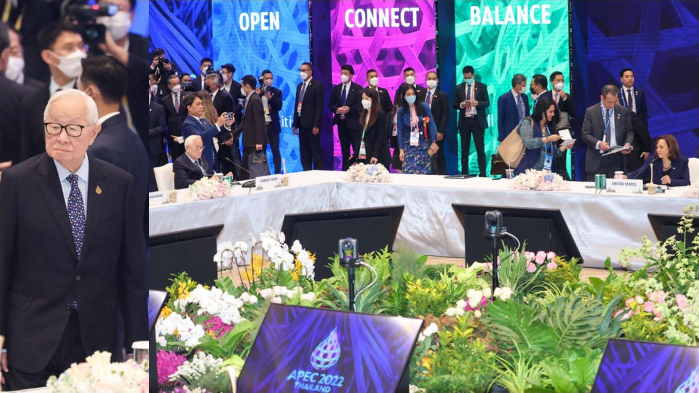 2022亞太經濟合作會議（APEC）經濟領袖第一場閉門會議18日在泰國曼谷舉行，會議現場安排長形桌，台灣領袖代表張忠謀（前左）座位的左前方是美國副總統賀錦麗（Kamala Harris）（前右）。中央社