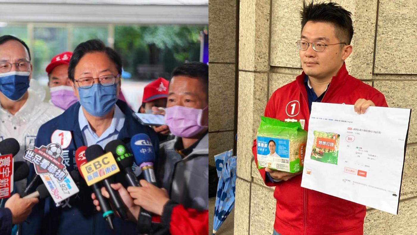 台灣基進市議員候選人藍士博（右）控張善政（左）贈送價值超過30元的快煮麵涉賄，張善政今受訪駁斥。中央社、藍士博臉書