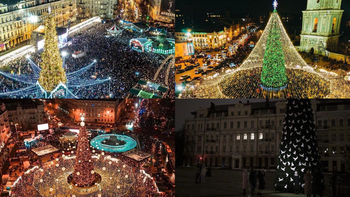烏克蘭首都基輔市中心近4年聖誕樹變化。左上為2019年、右上2022年、左下2021年、右下2022年。翻攝@BrentToderian推特