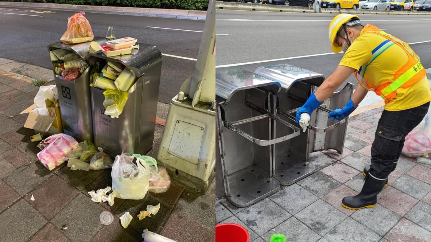 北市是否增設公用垃圾桶引發爭論。合成照片／右翻攝洪孟楷臉書、右翻攝環保局官網