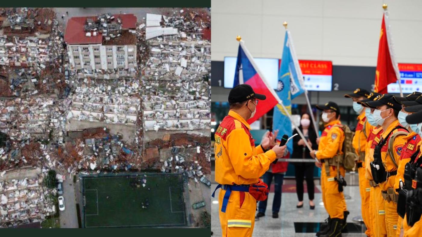 土耳其南部當地6日清晨發生強震，數千棟建築倒塌，台灣130人搜救隊即刻馳援。翻攝推特、消防署提供
