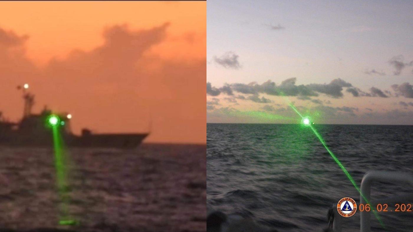 菲律賓海岸防衛隊13日公布，中海警總隊船艦在南海以「軍事級雷射光」照射菲律賓船隻，導致該船組員暫時失明。翻攝Philippine Coast Guard臉書
