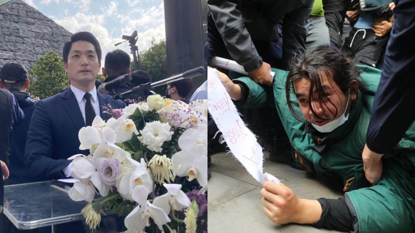 台北市政府28日在二二八和平紀念公園舉行228事件 76週年紀念會，台北市長蔣萬安（中）剛開始致詞， 就有抗議群眾衝上台，蔣萬安被迫中斷致詞。 中央社