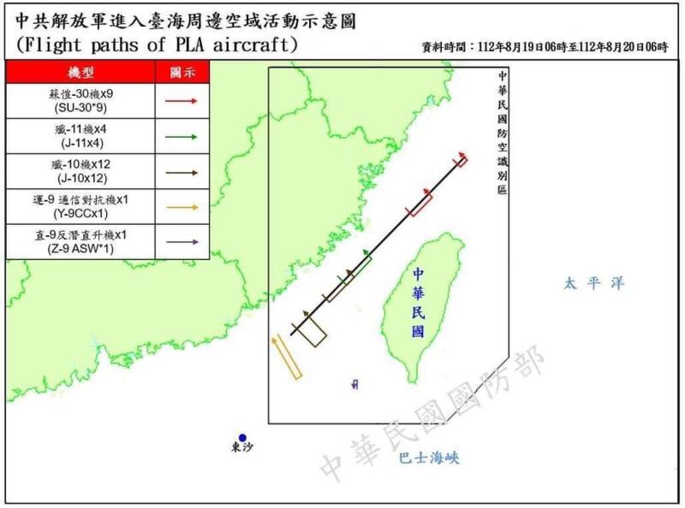中共解放軍進入台海周邊空域活動示意圖。 國防部提供
