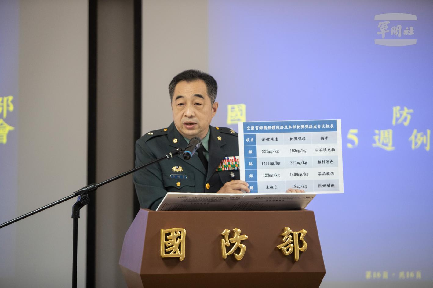 軍備局李健青少將公布調查報告判定砲彈未碰觸到船體。國防部提供