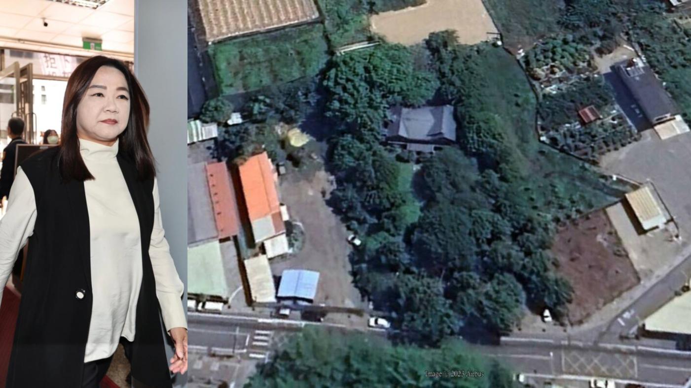 國民黨立委馬文君（左，林啟弘攝）遭質疑，在南投埔里的住家是蓋在國有農地的70坪違建農舍，且是占地700坪的豪宅莊園。翻攝Google Earth Pro