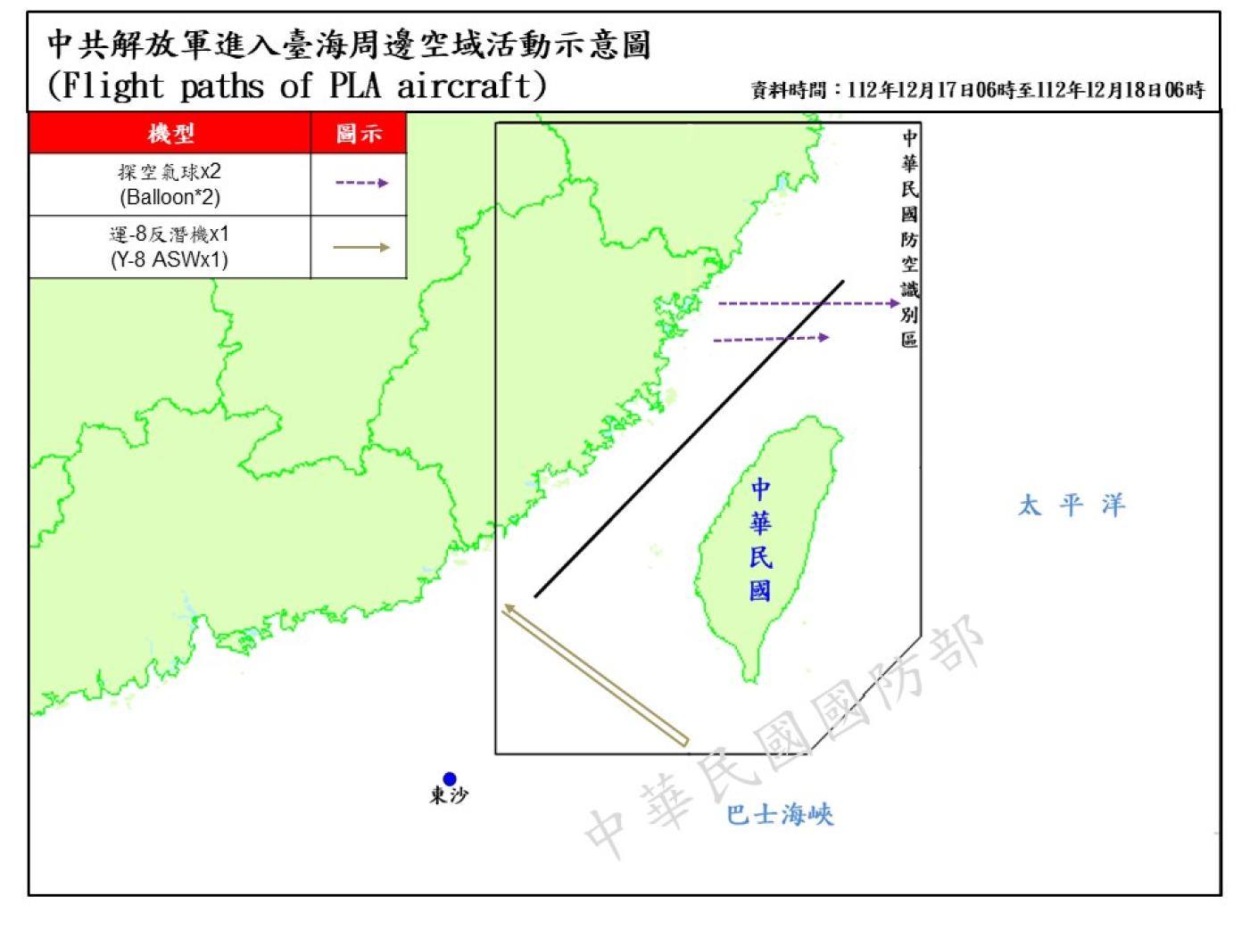 中共空飄氣球（虛線標示）在台灣北部空域近２小時。國防部提供