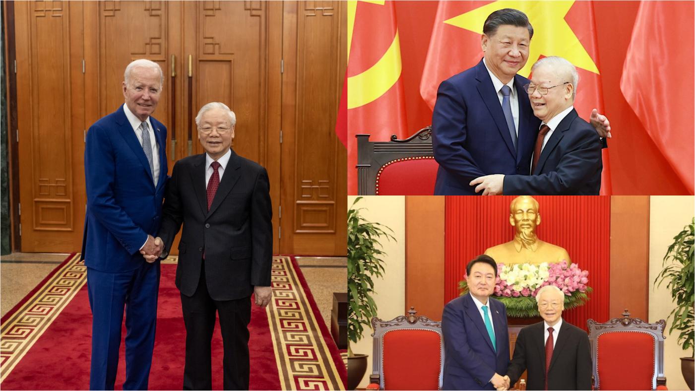 越共中央總書記阮富仲今年陸續會見美國總統拜登（左照左邊）、中國國家主席習近平（右上照左邊）、韓國總統尹錫悅（右下照左邊）。合成照片取自@WhiteHouse、@dbndtv「X」社群平台