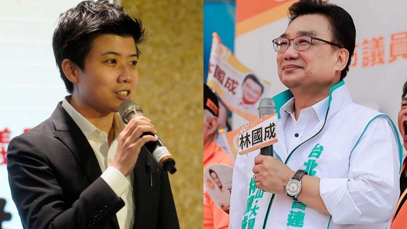 民眾黨不分區立委候選人林國成（右）致詞時提到「台北市議員苗博雅（左）的穿著讓我不屑稱他小姐」，引發爭議。翻攝兩人臉書