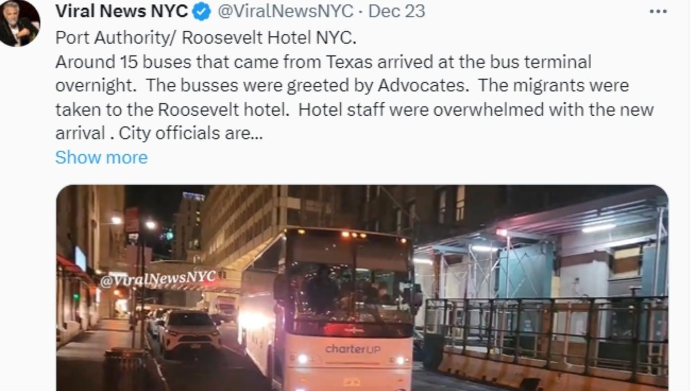 紐約獨立記者拍下從德州來的移民巴士抵達紐約巴士站情況。翻攝@ViralNewsNYC「X」社群平台