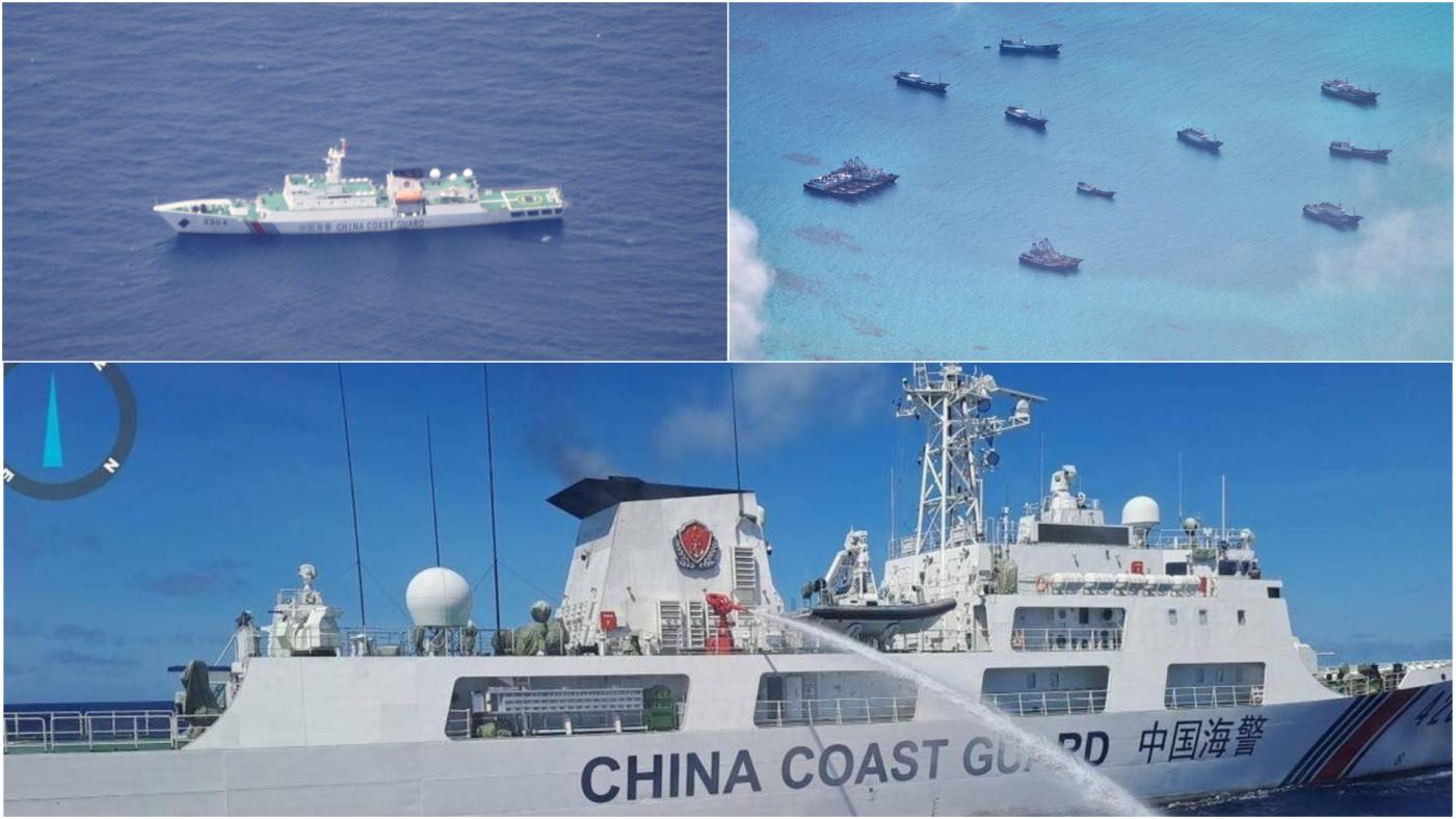 菲律賓海巡署於去年7、8月陸續公布，中國海警船、大批民船在南海爭端區域巡邏照片，以及中國海警船向菲國船隻發射水砲照片。合成照片取自PCG臉書