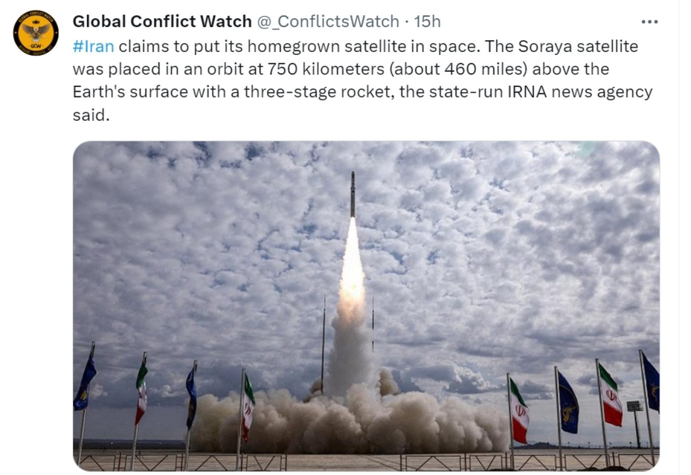 伊朗宣布發射研究衛星,成功送入更高軌道。翻攝X平台 Global Conflict Watch