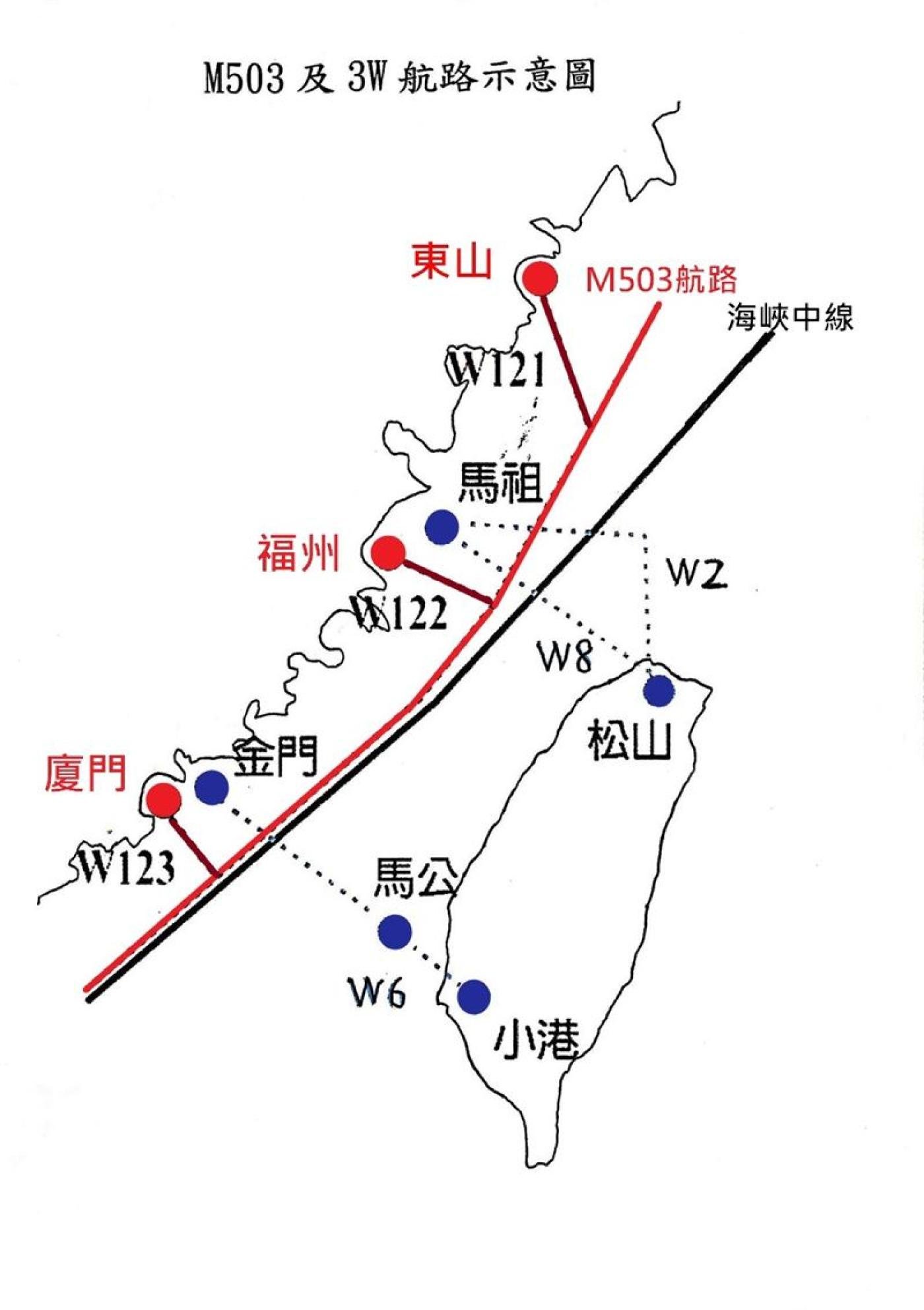 M503、W122與W123航線示意圖。交通部民航局提供