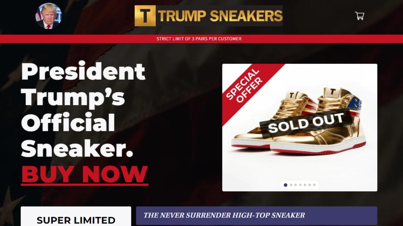 「永不放棄高筒球鞋」17日在川普官網開賣，數小時就完售。翻攝donaldtrump.com網頁