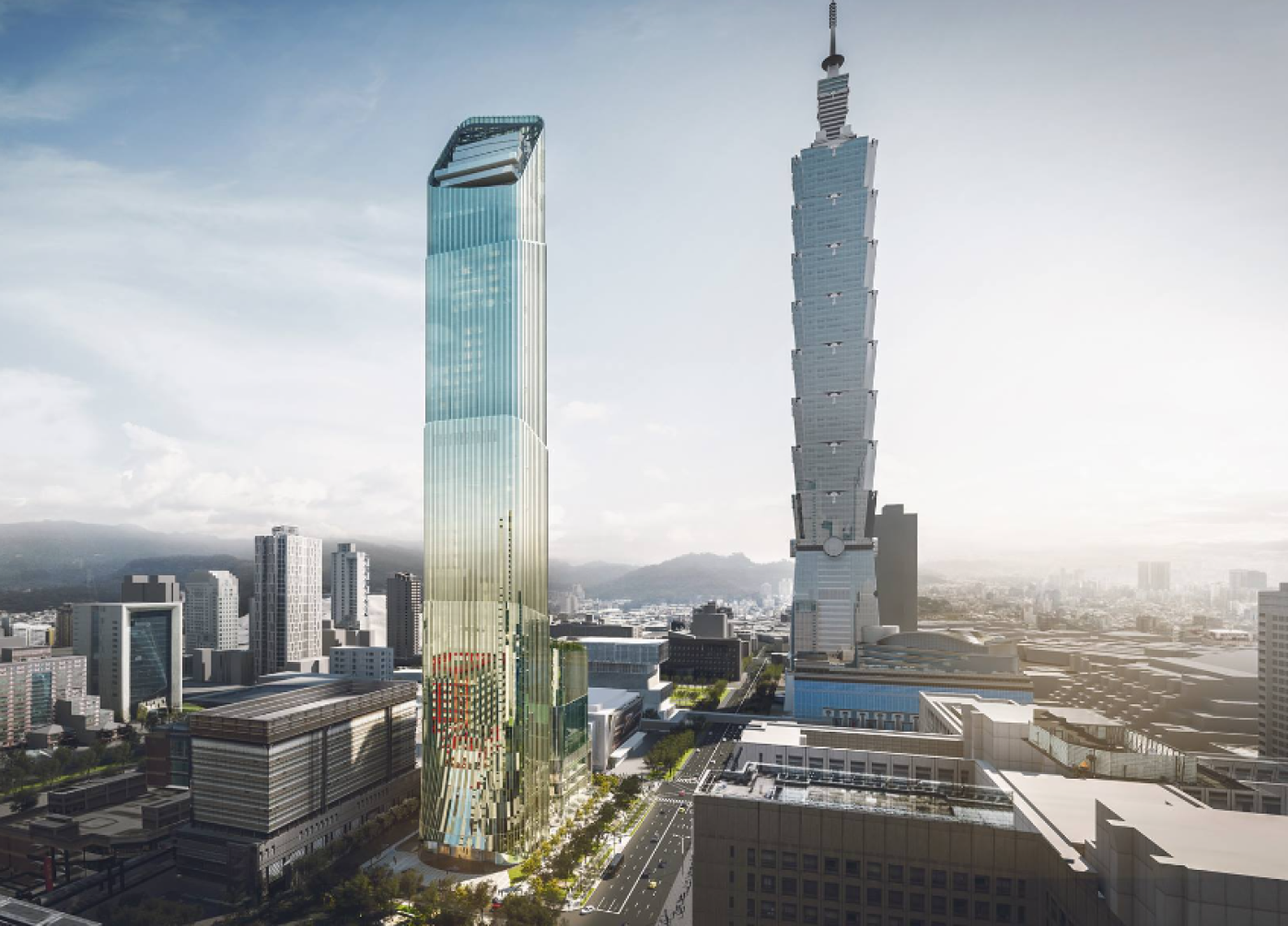 The Sky Taipei台北天空塔座落在台北市信義區，完工後樓高僅次於一旁的101大樓。翻攝The Sky Taipei臉書