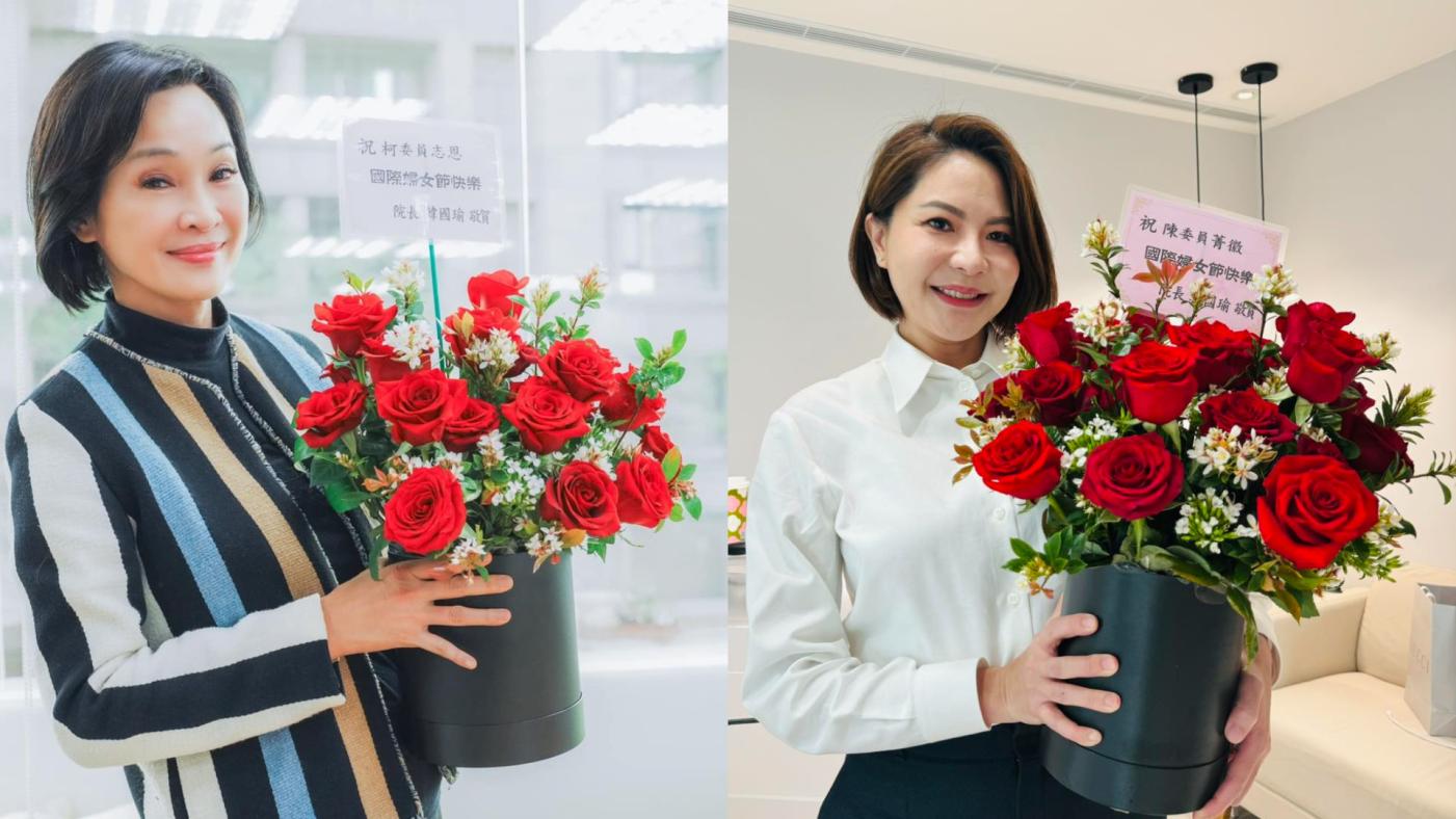 柯志恩（左 )、陳菁徽（右 ）在臉書曬出立法院長韓國瑜送的一盆玫瑰花。翻攝兩人臉書