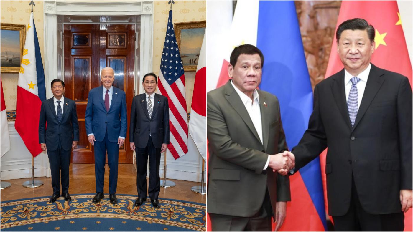 菲國總統小馬可仕（右圖左一）11日與美日領袖會晤，菲國前總統杜特蒂（左圖左一）卻對外批菲國外交政策。左圖為杜特蒂2019年訪問中國與中國國家主席習近平合影。合成照片來自@POTUS「X」社群平台、中國政府網