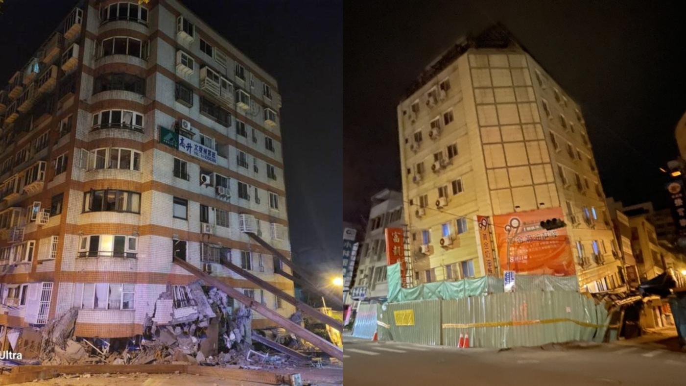 花蓮縣23日凌晨接連發生地震，花蓮統帥大樓（左）、富凱大飯店（右）傾倒。中央社