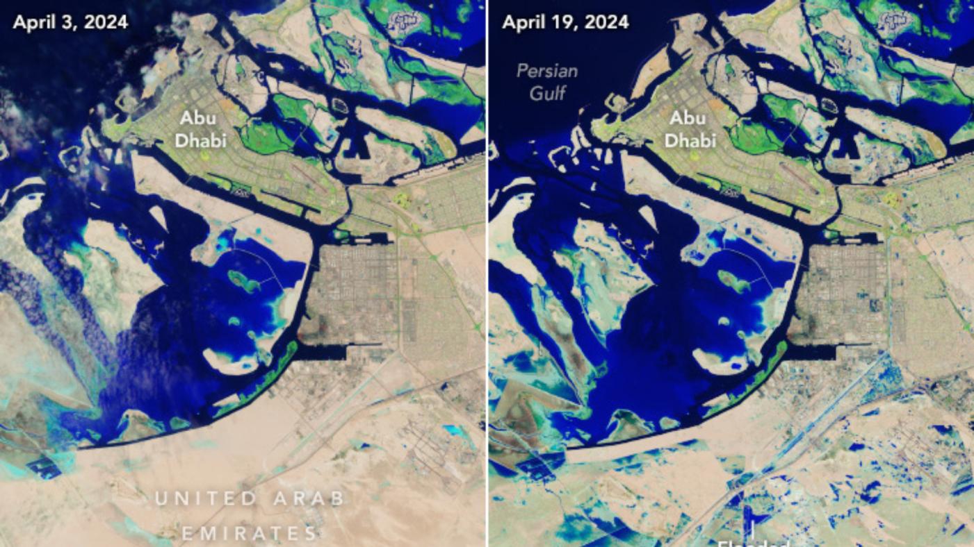 Landsat 9 衛星拍攝洪災發生前後的杜拜上空影像，左圖為4月3日影像，右圖為4月19日的影像。翻攝NASA網站