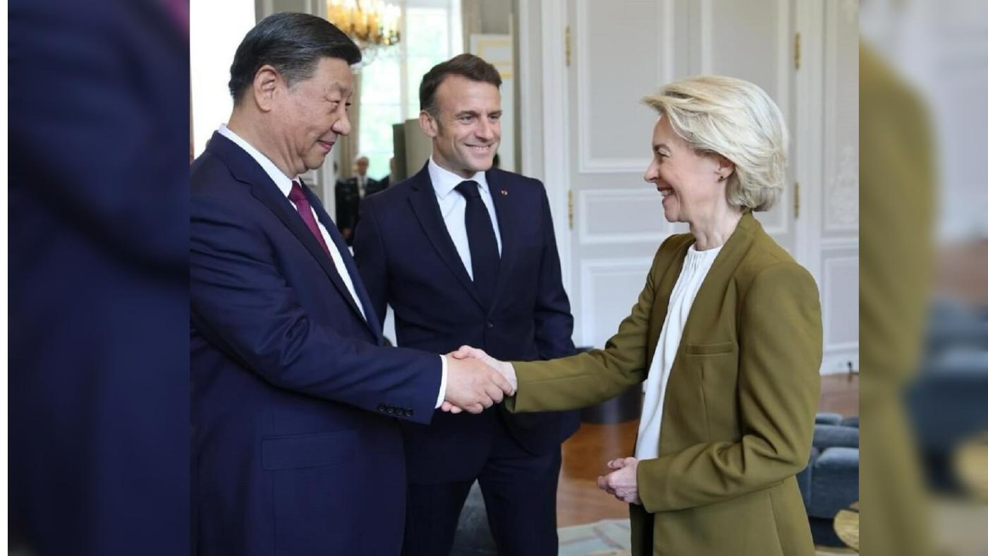 中國國家主席習近平（左）日前訪法，與法國總統馬克宏（中）、歐盟執行委員會主席范德賴恩舉行三方對話。翻攝自instagram.com/ursulavonderleyen