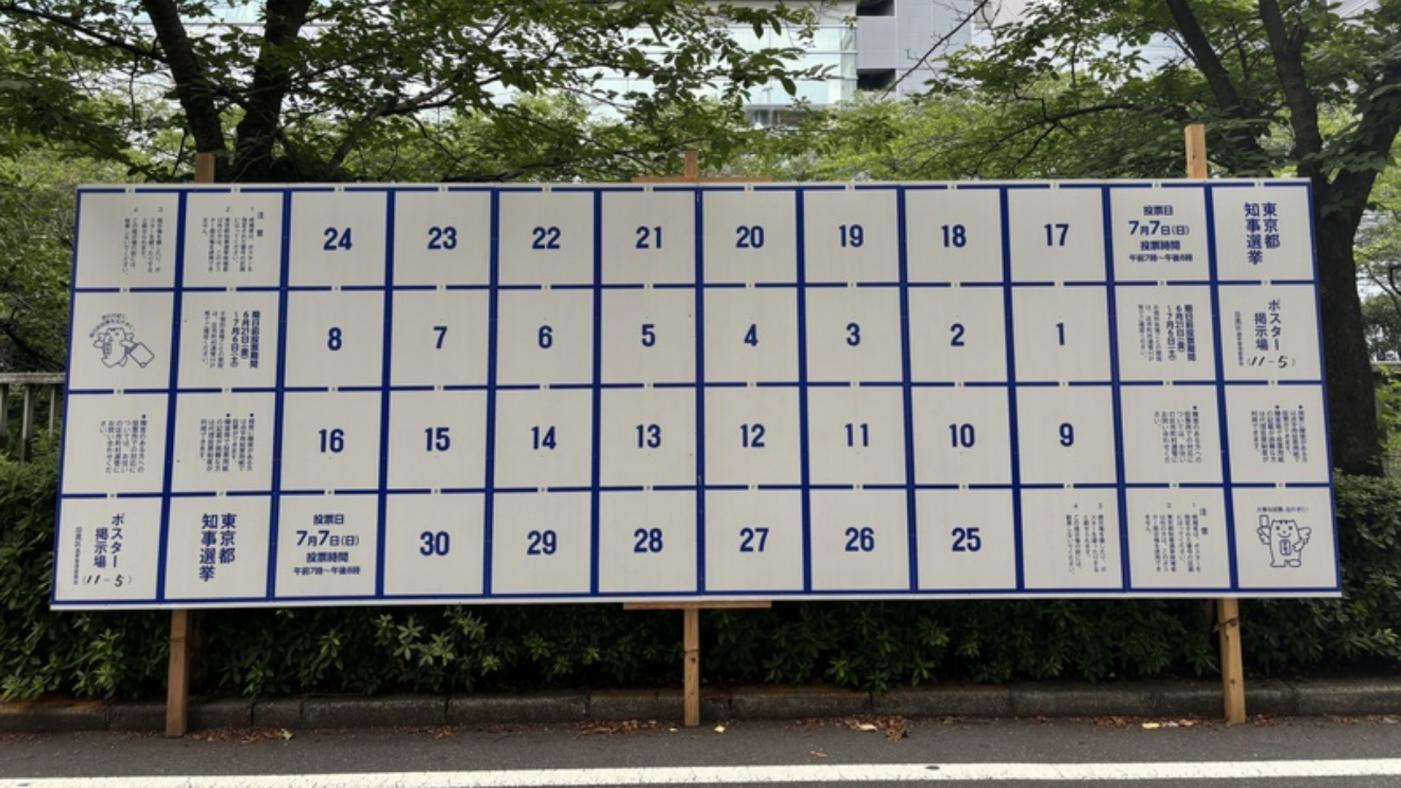 日本東京都知事選舉將於7月7日投開票，目前東京街頭已經出現將要張貼選舉海報的看板，但應該在最上面一排的「1號」竟然出現在第2排位置，這當中其實有特別用意。 中央社