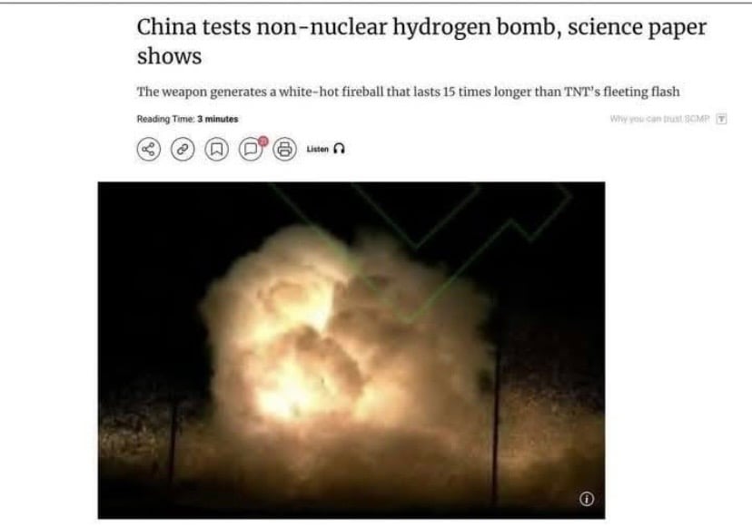 英文版《南華早報》刊登中共測試「非核氫彈」爆炸威力的照片，並且描述其驚人的殺傷力，將使台灣城市戰變得極為慘烈，國防部今天出面指出，這是假消息。翻攝南華早報