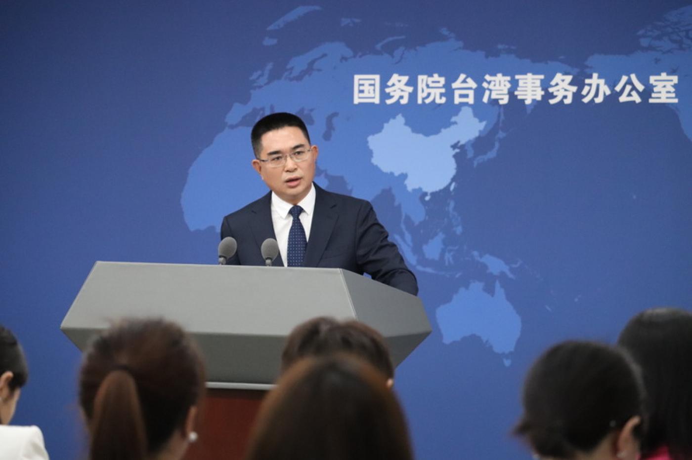 中國大陸國台辦發言人陳斌華28日在記者會上回應媒體提問。 中央社