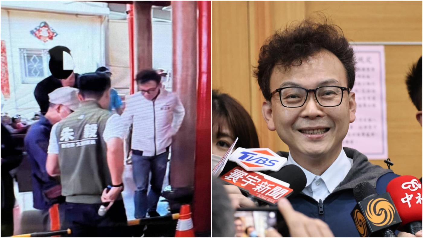 國民黨立委鄭正鈐（右 )30日未經同意在地方活動現場發不同意罷免文宣遭里長請離（左）。資料照片、翻攝朱毅IＧ