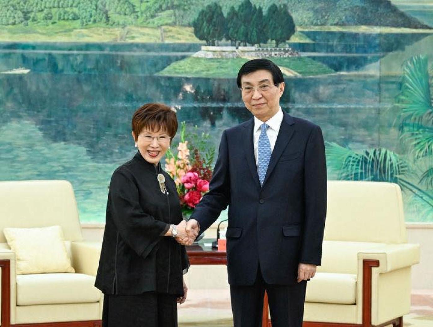 參加中國「中華文化峰會」的台灣成員由洪秀柱帶領與中共政治局常委王滬寧見面。翻攝海峽兩岸臉書
