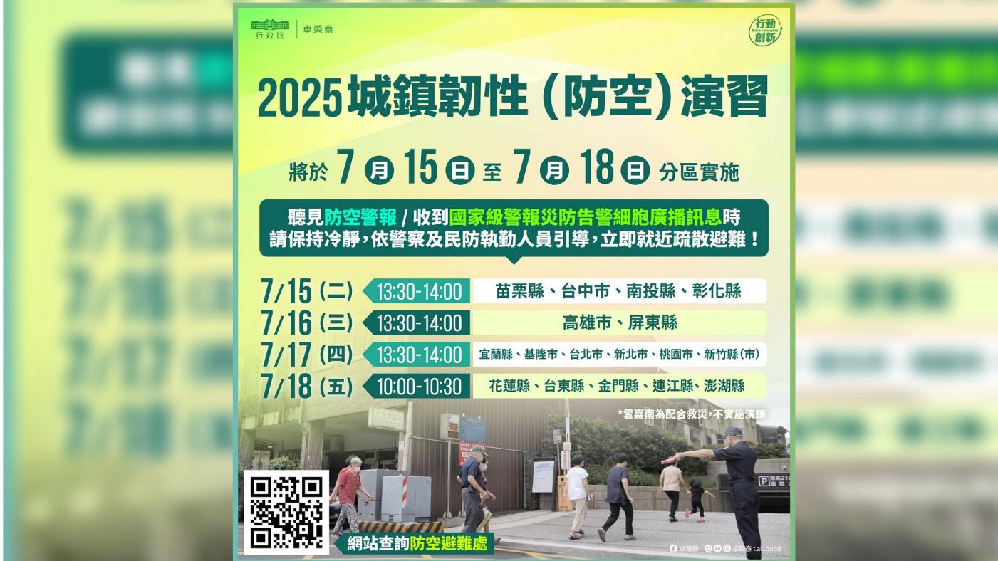 「城鎮韌性演習」於今（15）天至18日連4天進行。 行政院提供