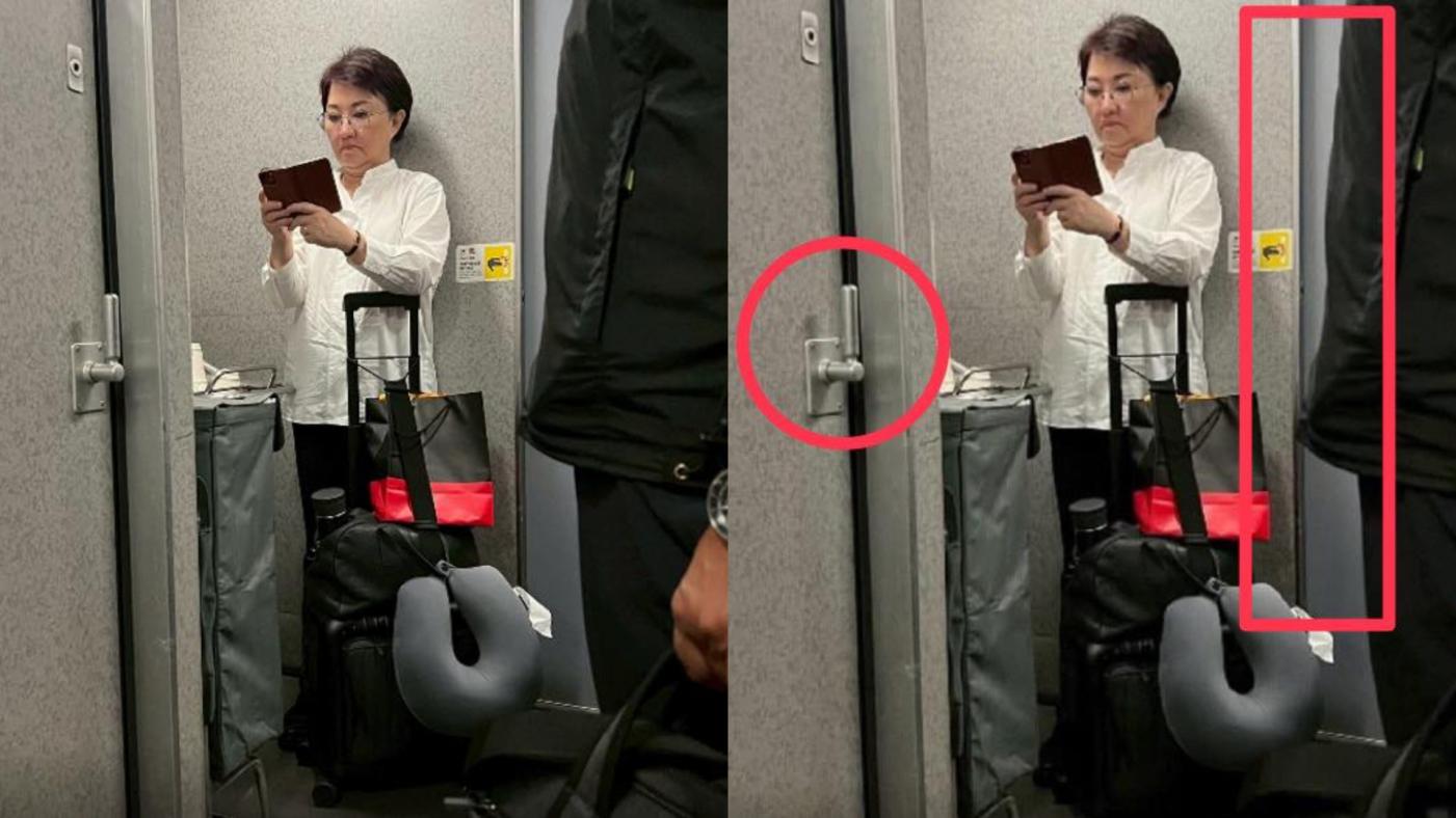 台中市長盧秀燕被民眾直擊搭高鐵沒座位站在車廂角落（左），但前總統蔡英文的御用攝影師質疑該處是不是自由座位區，不能站人（右）。翻攝「我是中壢人」粉專、Makoto Lin臉書
