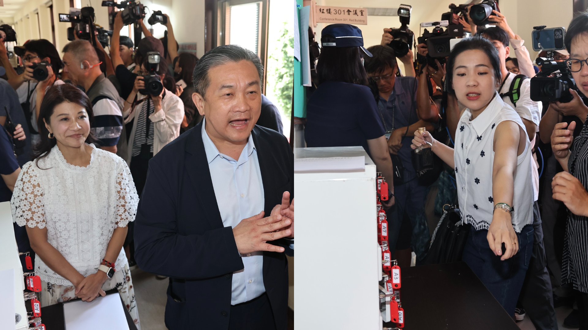 徐巧芯（右）為外交國防委員開機密會議談關稅，與王定宇、林楚茵（左）發生衝突。林啟弘攝