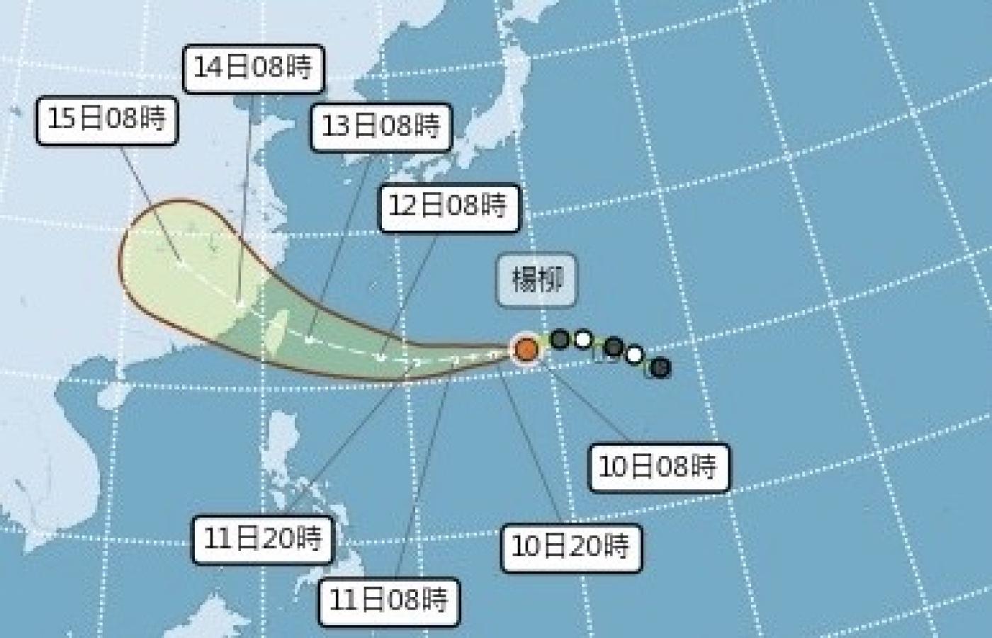 楊柳颱風目前路徑預估將直接登陸並且穿越台灣。翻攝自中央氣象署官網