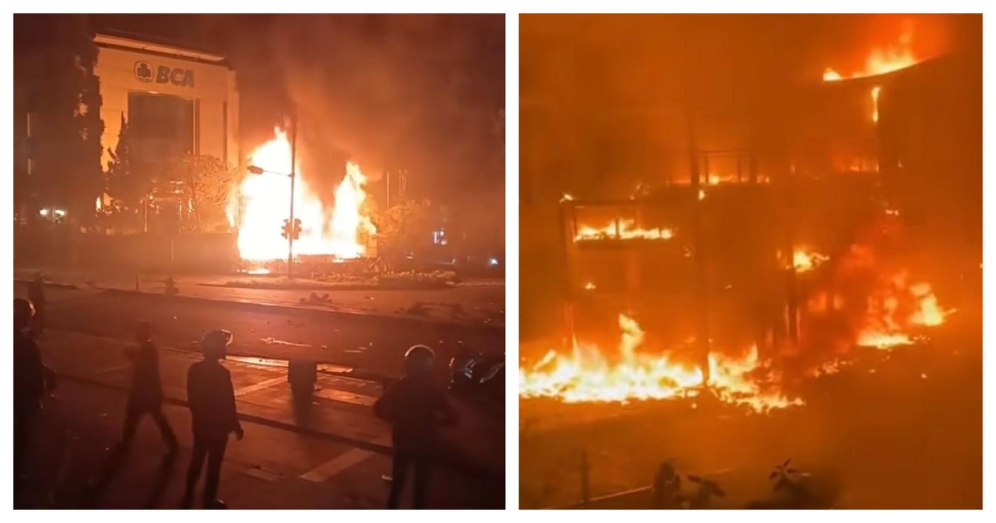 印尼街頭抗議活動在入夜之後更加嚴重，街頭上已經看得到被燒毀的車子，也有住宅被放火。翻攝網路
