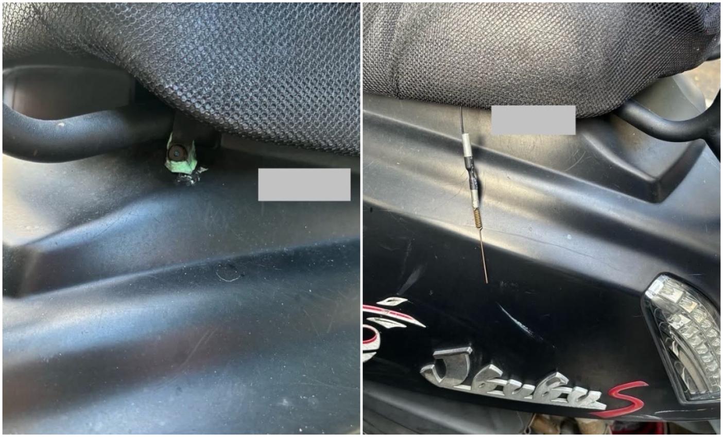 機車坐墊下方出現疑似針孔鏡頭，沈伯洋說，專門紀錄斜後方的行車記錄器？正常嗎。翻攝沈伯洋臉書