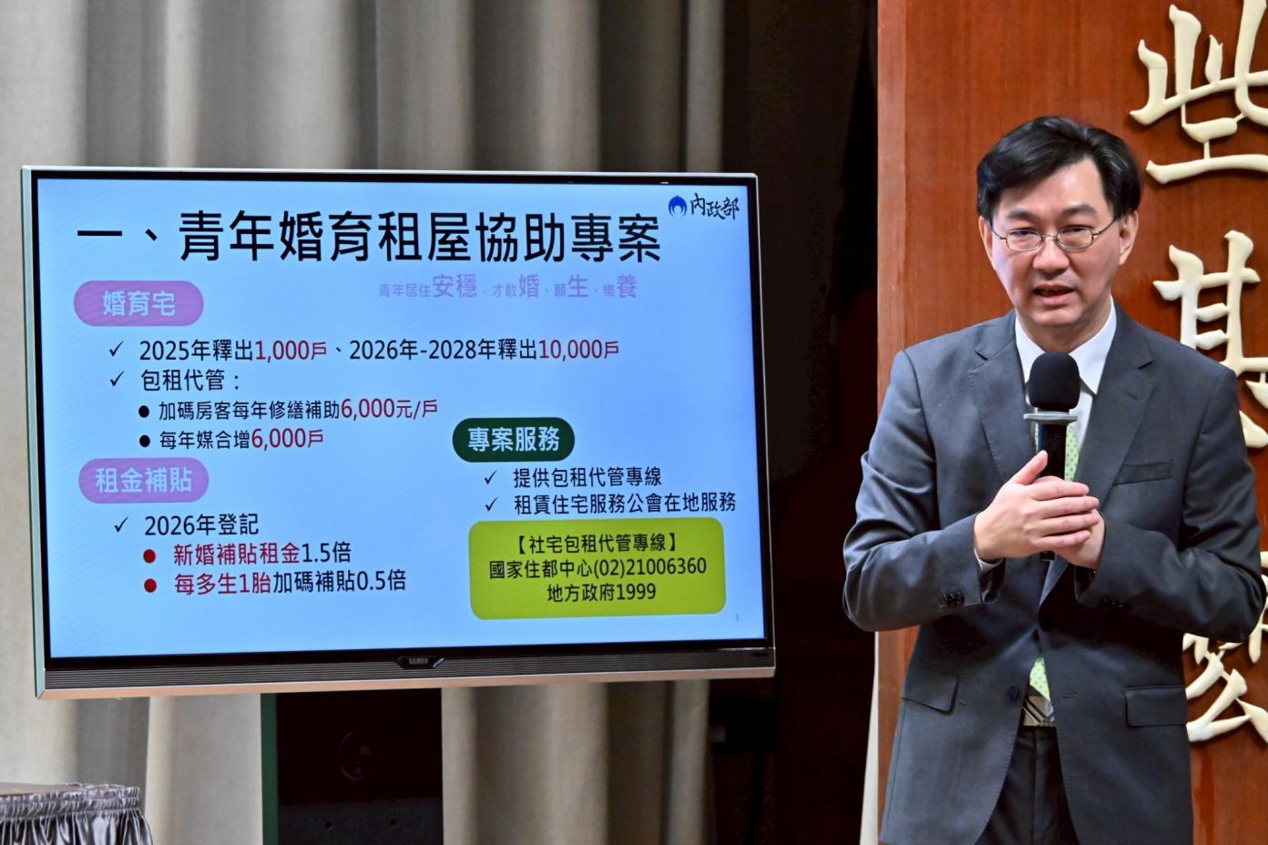 行政院4日公布「青年婚育租屋協助專案」，將釋出1.1萬戶「婚育宅」，讓育有0歲到6歲孩童家庭可住滿12年。行政院提供