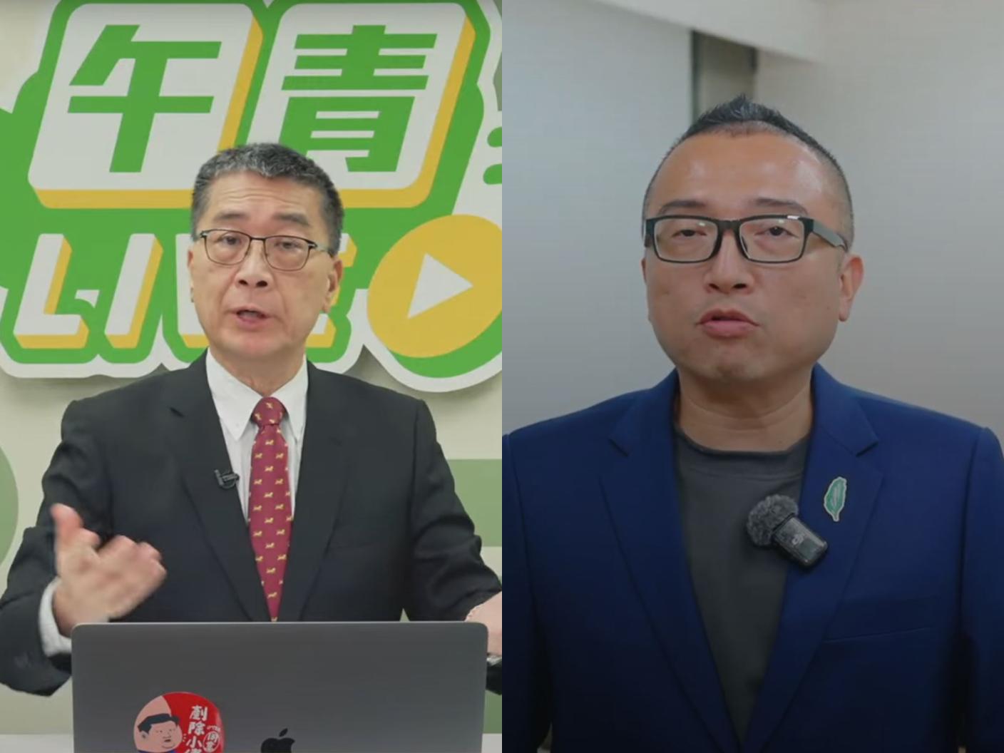 民進黨秘書長徐國勇（圖左）於15日開直播，評論黃國昌拒到案稱「你的日子不久了」；民眾黨秘書長周榆修（圖右）回擊，指民進黨執政的日子才真的是不久了，徐國勇以後只能回去當政論節目的主持人。翻攝民進黨YT頻道、民眾黨提供