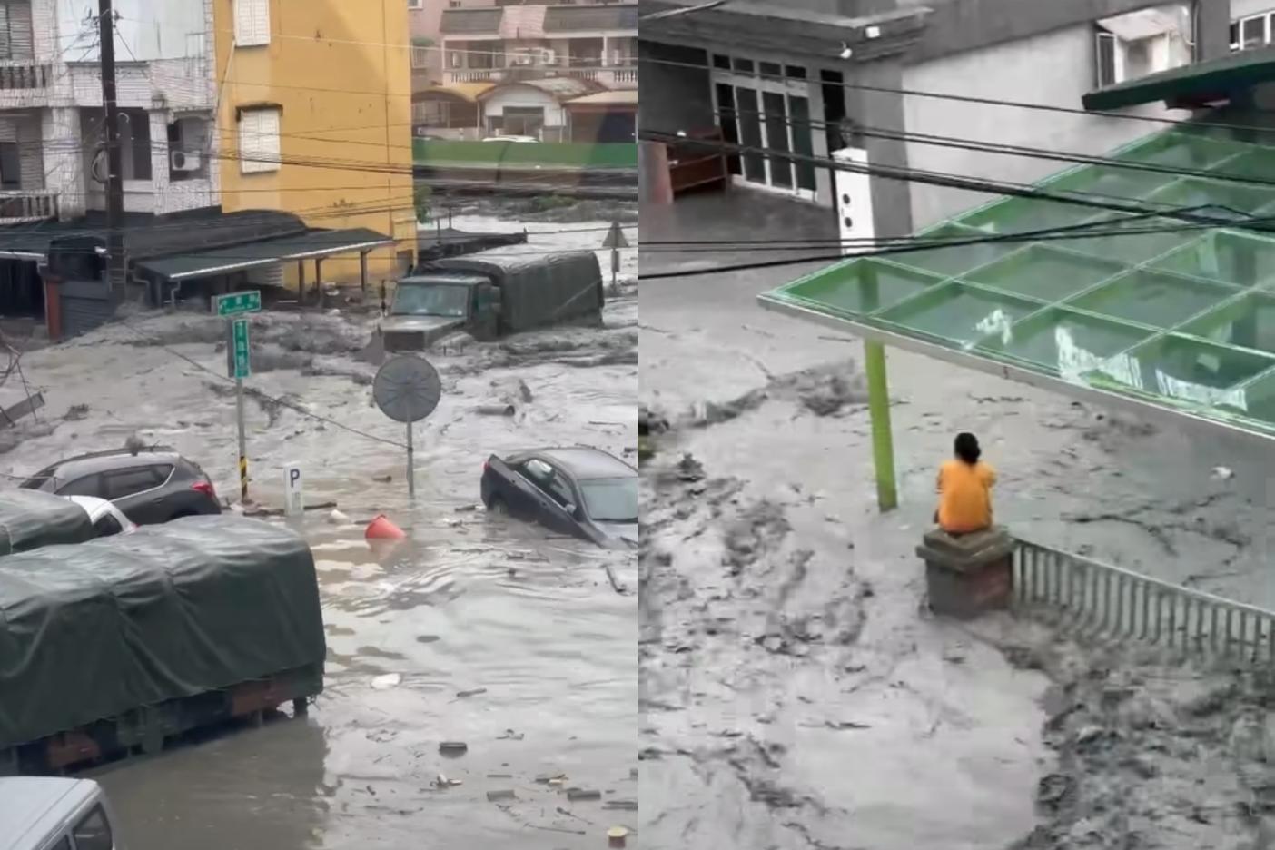 馬太鞍溪堰塞湖溢流，造成光復鄉淹水災情嚴重，軍用卡車被沖走，民眾受困在圍牆上。翻攝花蓮縣議員張美慧、楊華美臉書