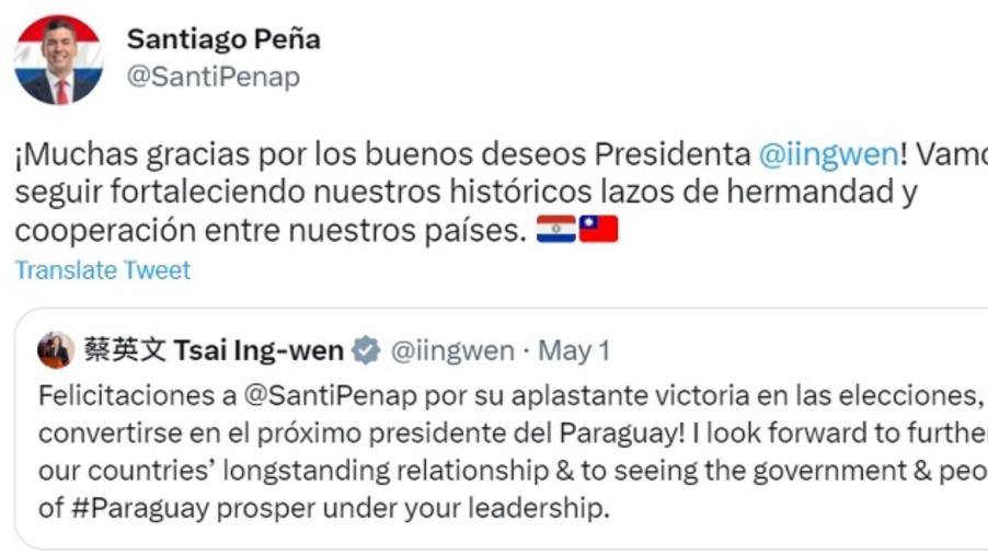 巴拉圭總統當選人潘尼亞推特回應蔡英文：加強與台灣歷史情誼