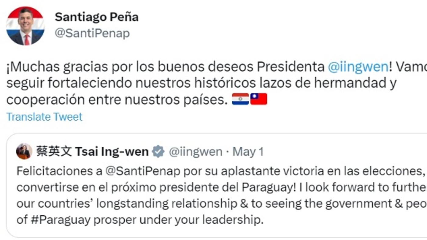 台灣友邦巴拉圭總統當選人潘尼亞選後在推特發文回覆總統蔡英文祝福。翻攝@SantiPenap推特